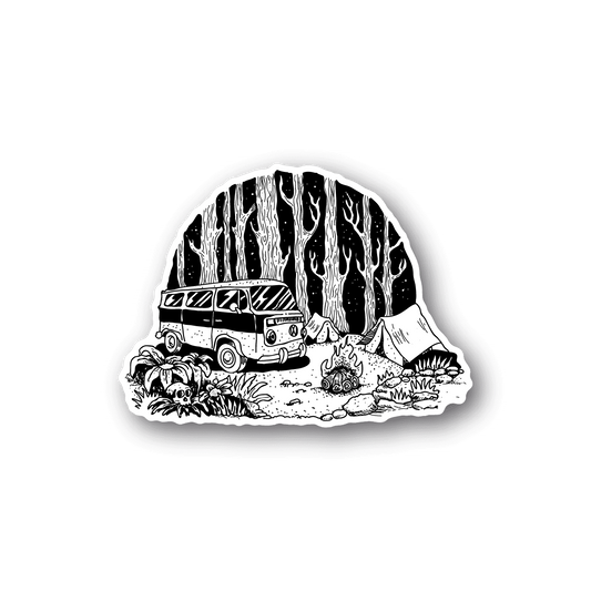 Vinyl camping sticker with illustrated van, desert cactus, and mountains in black and white