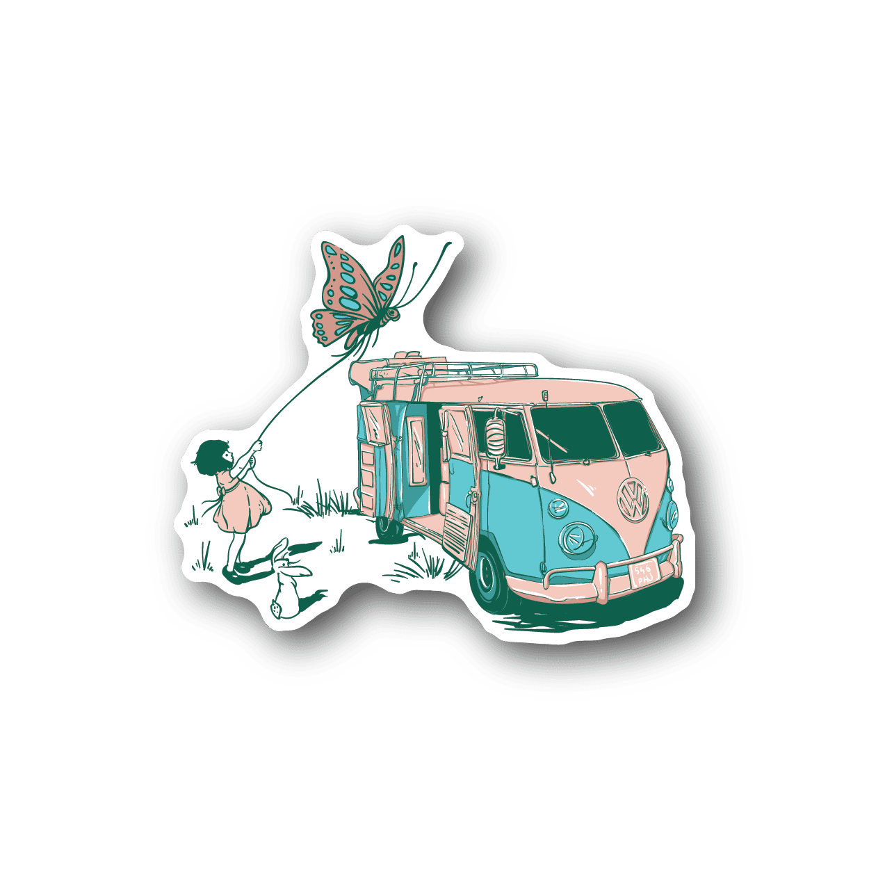 Vinyl sticker featuring a teal van, butterfly, and standing figure