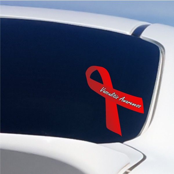 Red awareness ribbon vinyl sticker with black “Vasculitis Awareness” text