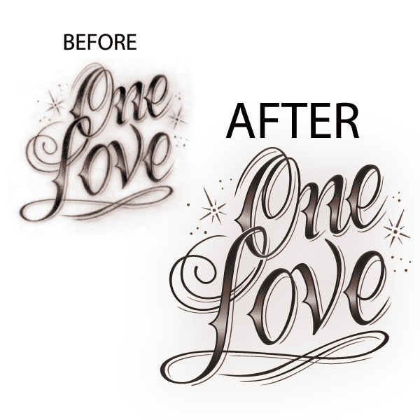 Handwritten script love typography with sparkle accents, dark ink on white