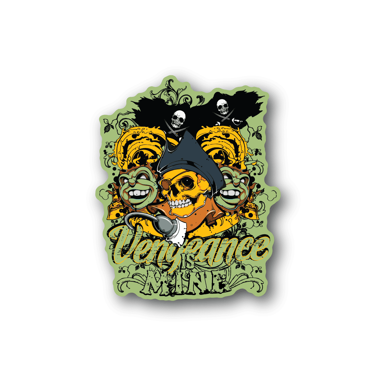 Pirate vinyl sticker with yellow face, skull and crossbones, green swirls, glossy finish