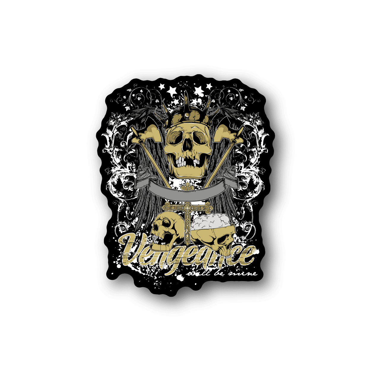 Vinyl sticker with skull graphic and Vengeance text, black and gold