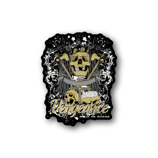 Vinyl sticker with skull graphic and Vengeance text, black and gold