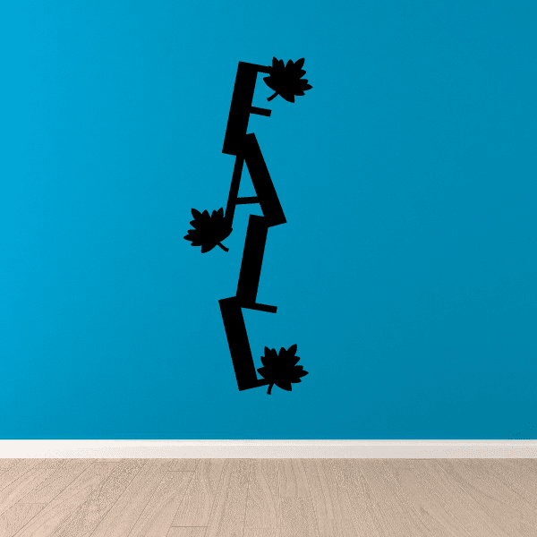 Vertical word decal with leaf accents, dark lettering and leaf silhouettes