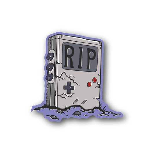 RIP vinyl game sticker: gray cartridge with purple border, controller icons and red buttons