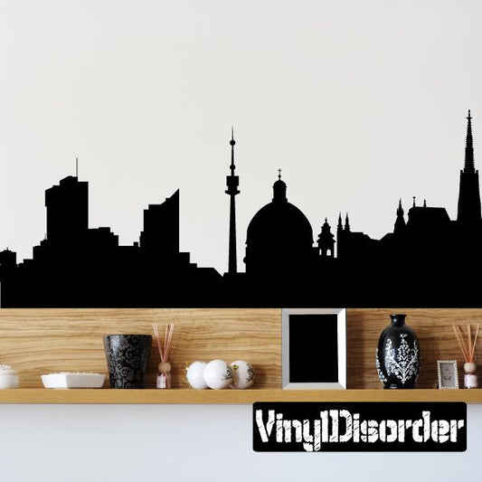 Vienna skyline wall decal, black landmark silhouette with tall spire.