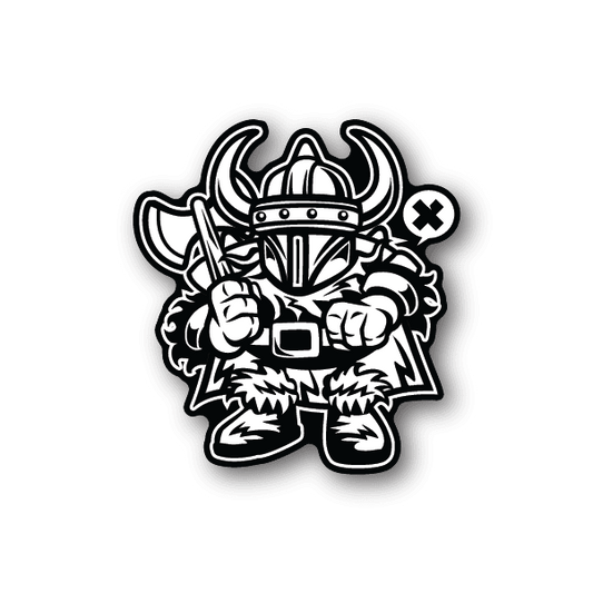 Die-cut vinyl sticker of a cartoon Viking warrior with horned helmet and crossed weapons