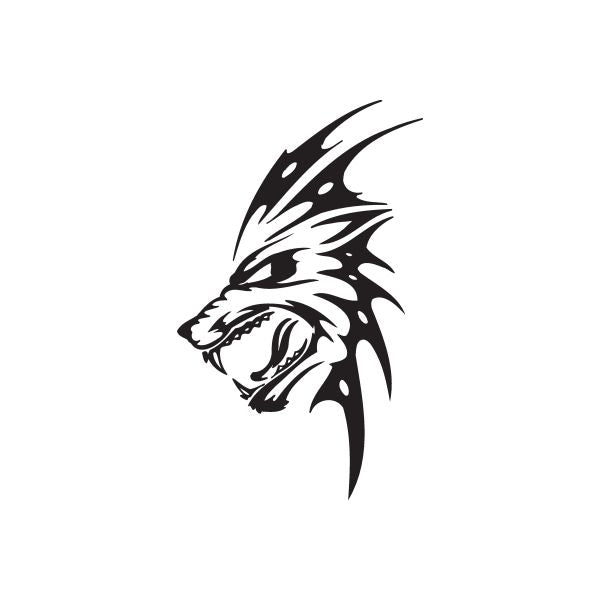 Wolf head decal with black and white tribal style lines, bold graphic design