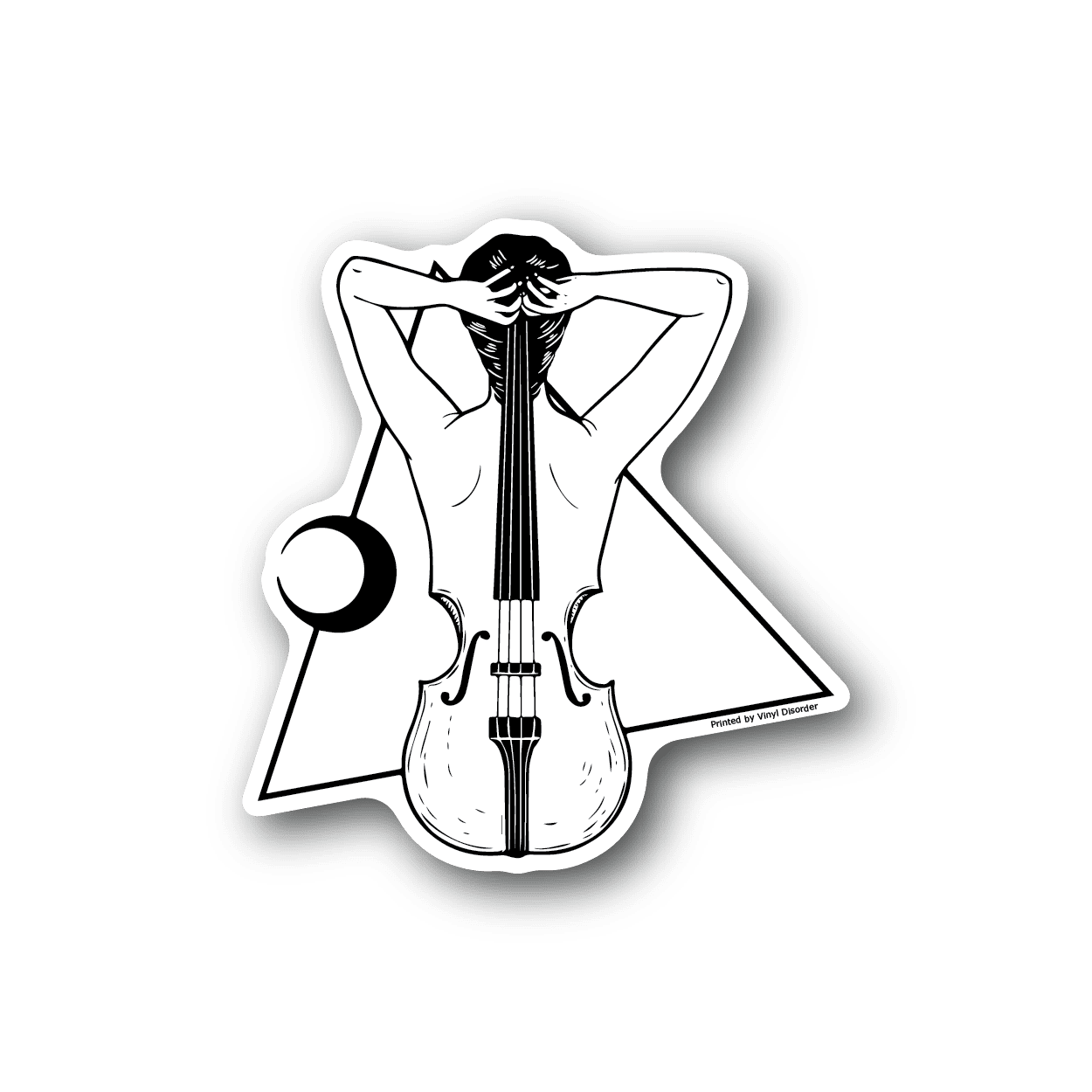 Black-and-white vinyl sticker of a girl holding a violin between her hands