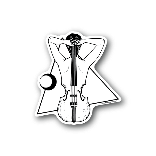Black-and-white vinyl sticker of a girl holding a violin between her hands