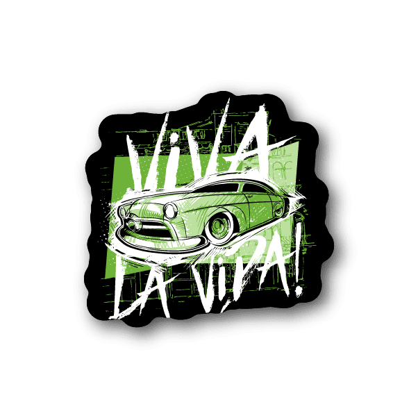 Vinyl sticker of a green classic hot rod car with 'Viva LA Vida' text