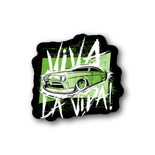 Vinyl sticker of a green classic hot rod car with 'Viva LA Vida' text