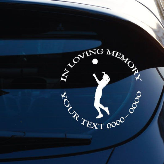 In loving memory volleyball player car decal with text and serving silhouette