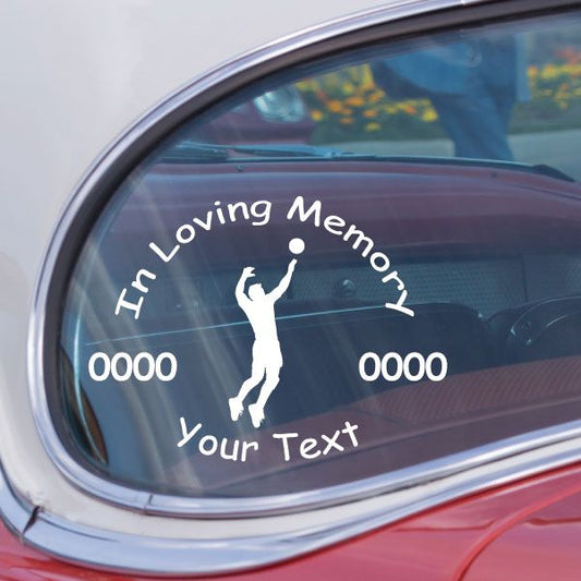 In loving memory volleyball window decal with silhouette and 'Our Text'