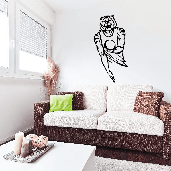 Volleyball wall decal, black outline cartoon animal holding a volleyball