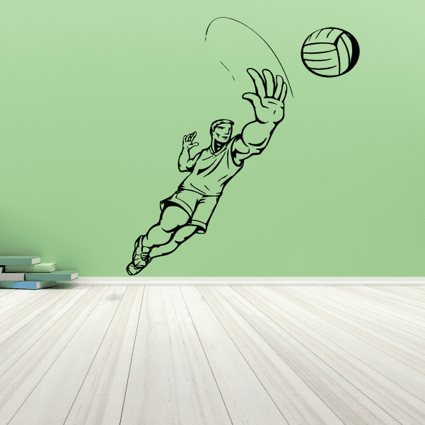 Volleyball wall decal: black player silhouette reaching for a volleyball with motion lines.