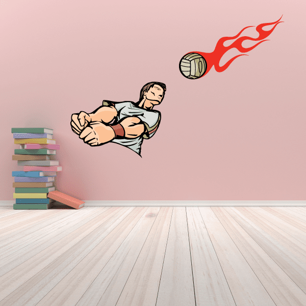 Volleyball wall decal with cartoon player, spinning ball, and red flame trail