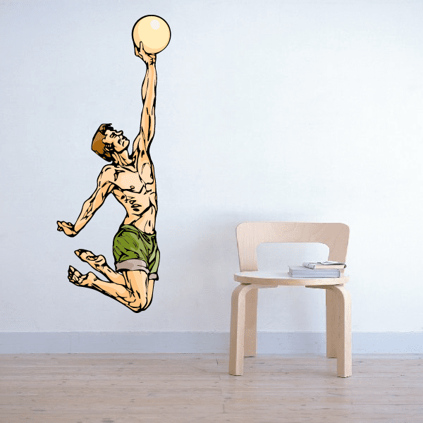 Volleyball wall decal sticker with cartoon player holding a ball overhead, in brown and green