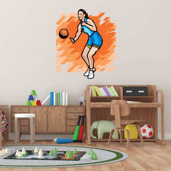 Volleyball player wall decal sticker, orange and blue uniform with volleyball