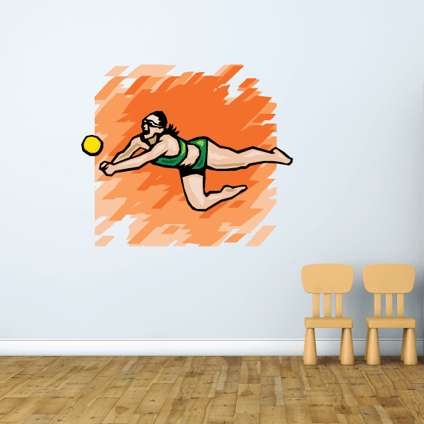 Volleyball player wall decal sticker with green shorts, orange ball at left