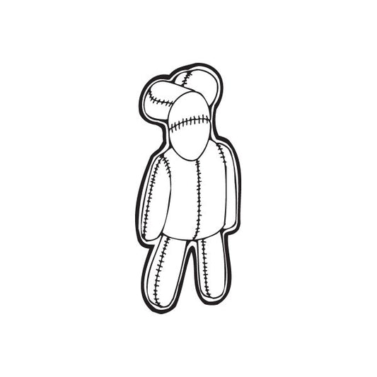 Voodoo doll graffiti decal, black outline with stitched face and body