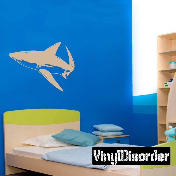 Wading shark decal, light tan silhouette on blue surface