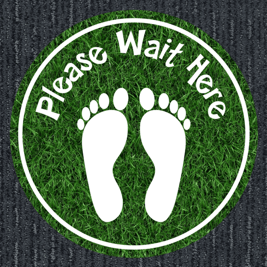 Non-slip grass wait here flooring sticker, circular design with white feet icon