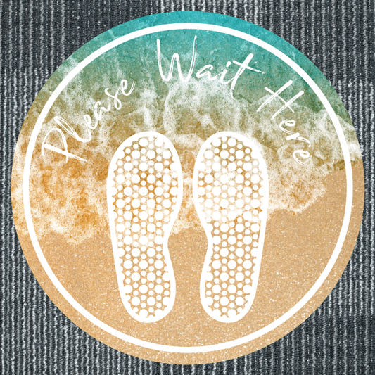 Beach-themed circular non-slip floor sticker with two white footprints
