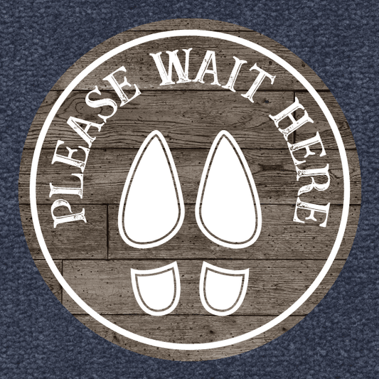 Round non-slip floor sticker reading 'Please Wait Here' with boot icon