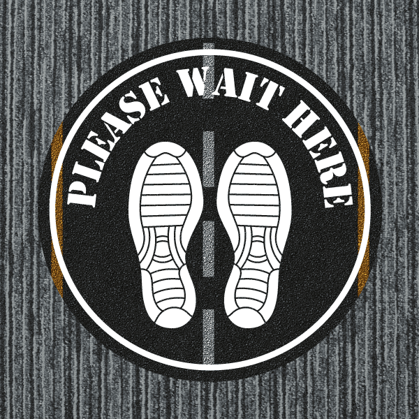 Round floor sticker with black background, white shoes, and 'Please Wait Here' text