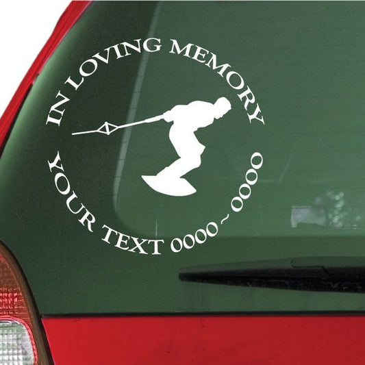Wakeboarding memorial decal with white wakeboarder silhouette and curved text