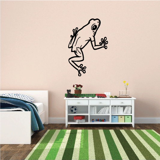 Walking up frog wall decal, cartoon frog in black outline