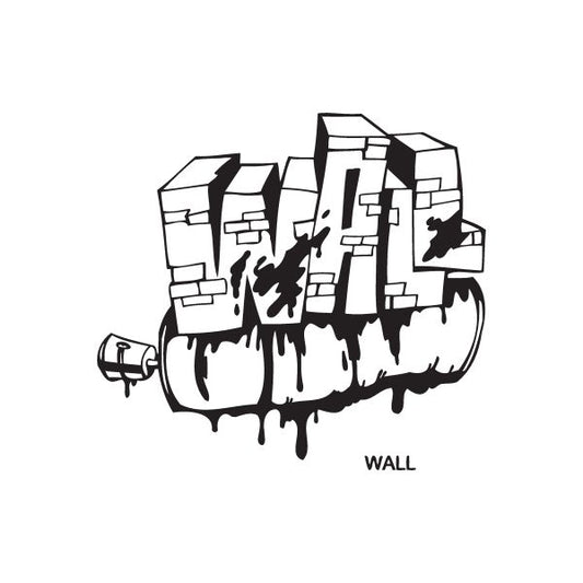 Wall graffiti decal with black-and-white city style lettering and drips, rectangular block shapes