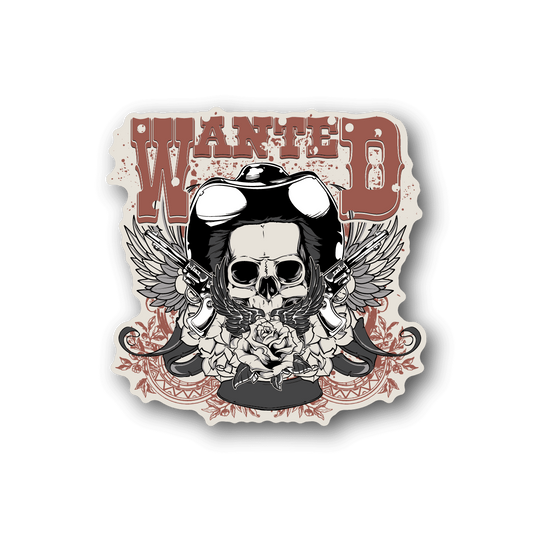 Cowboy skull vinyl sticker with cowboy hat, wings, and WANTED text