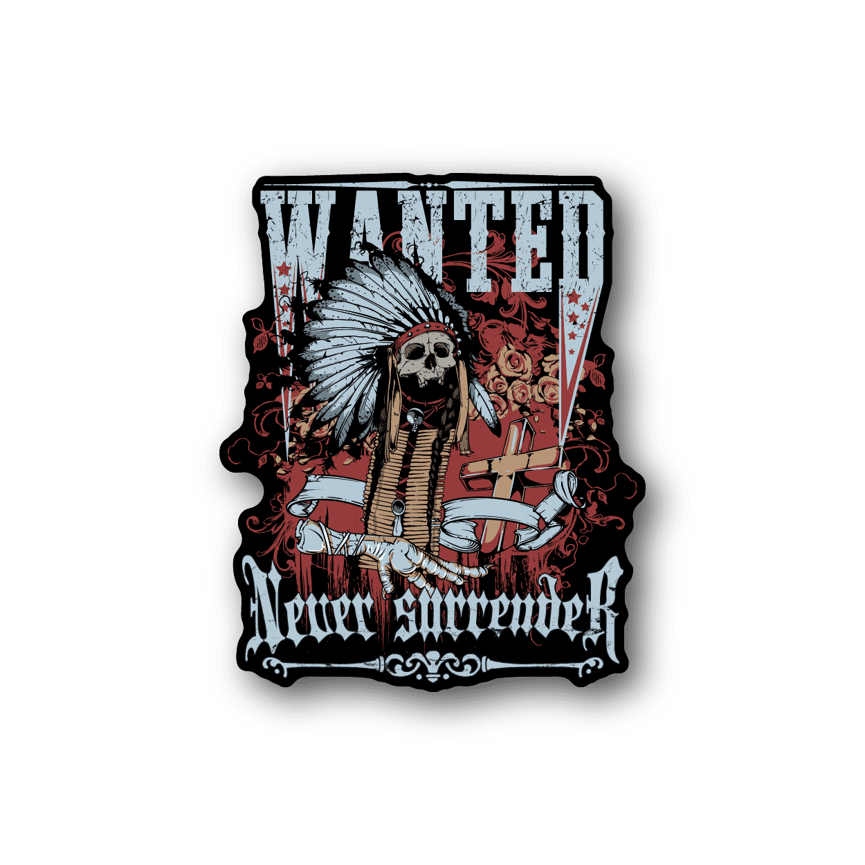 Wanted Indian chief vinyl sticker with skull headdress and red rose accents
