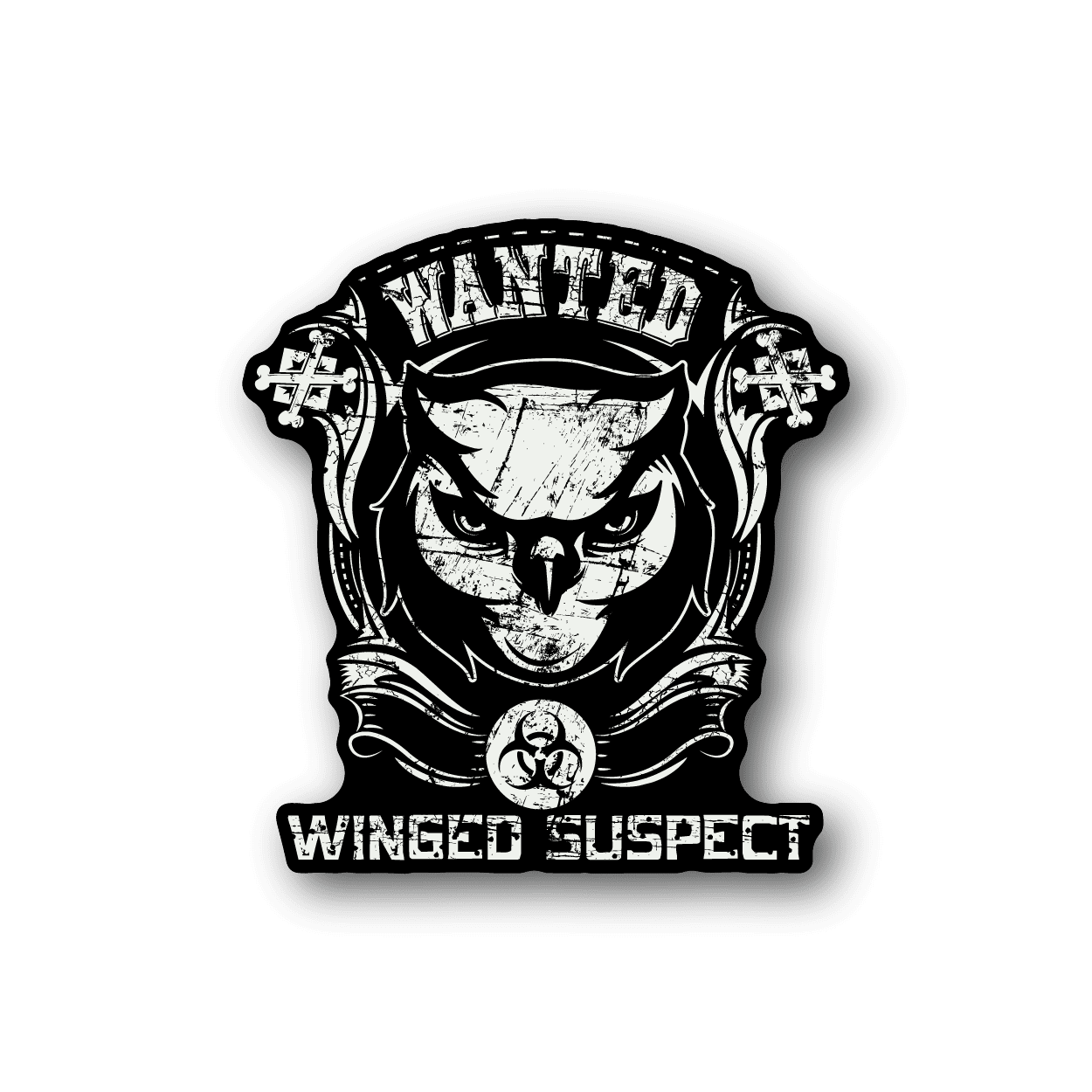 Vinyl sticker of black-and-white owl with winged emblem and bold text