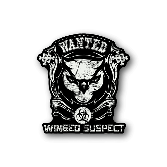 Vinyl sticker of black-and-white owl with winged emblem and bold text