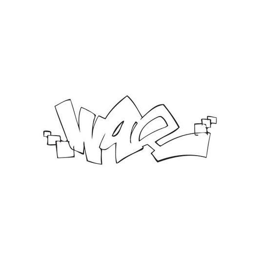 Graffiti-style wall decal with bold tag lettering in dark gray outline