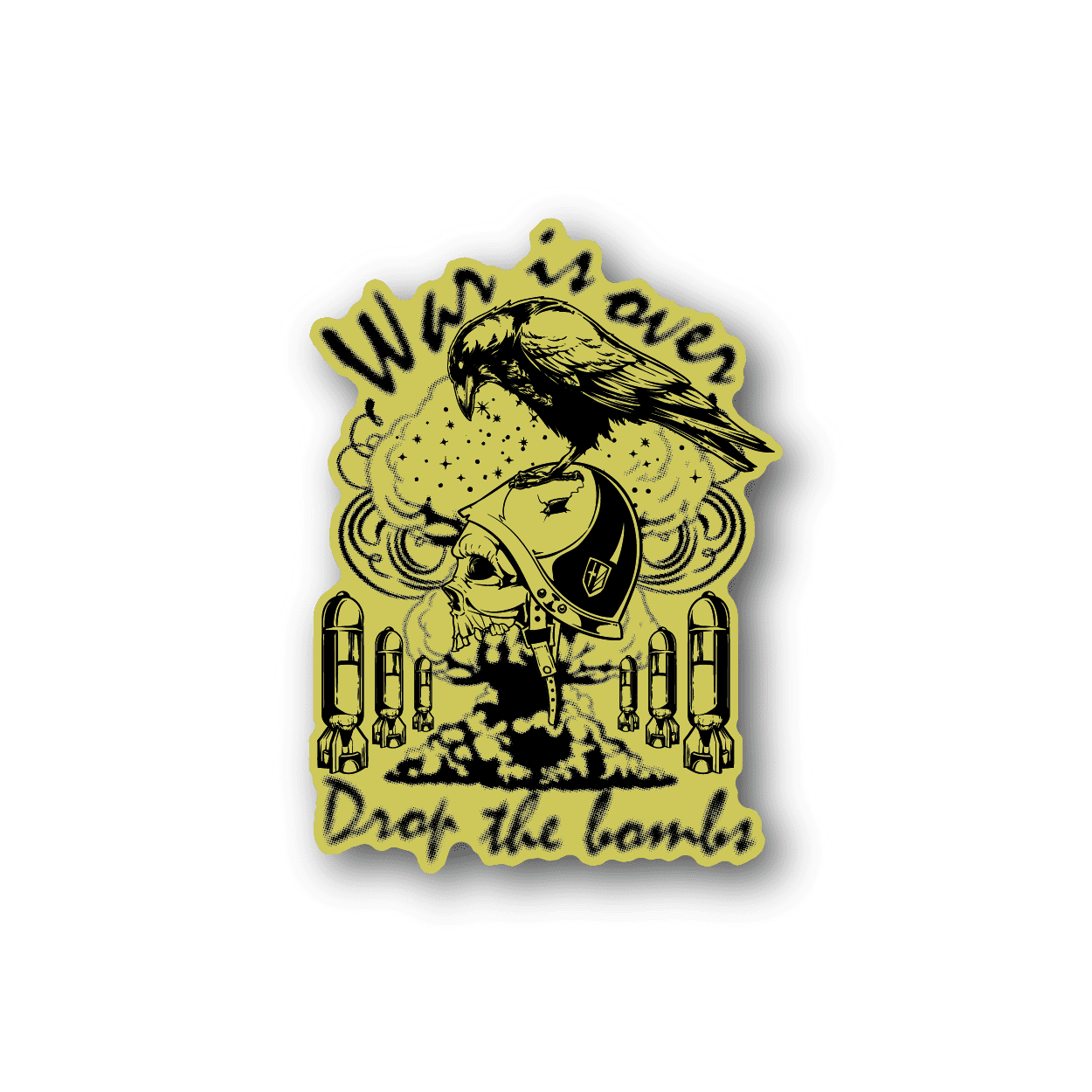 Vinyl sticker with yellow illustrated figure and bold curved text