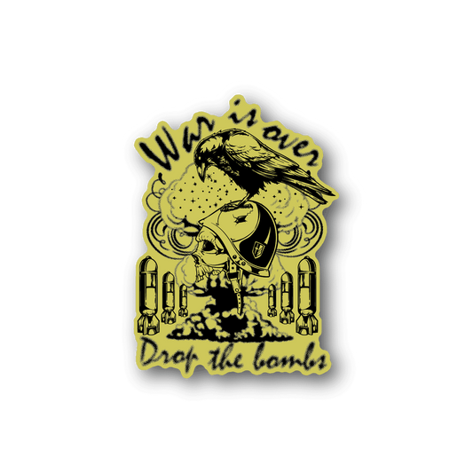 Vinyl sticker with yellow illustrated figure and bold curved text