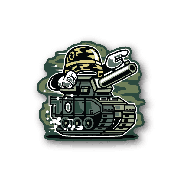 War tank vinyl sticker with illustrated camouflage tank and soldier holding rifle