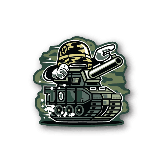 War tank vinyl sticker with illustrated camouflage tank and soldier holding rifle
