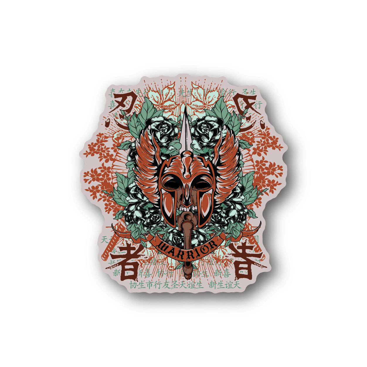 Warrior skull vinyl sticker with teal and orange floral warrior mask design