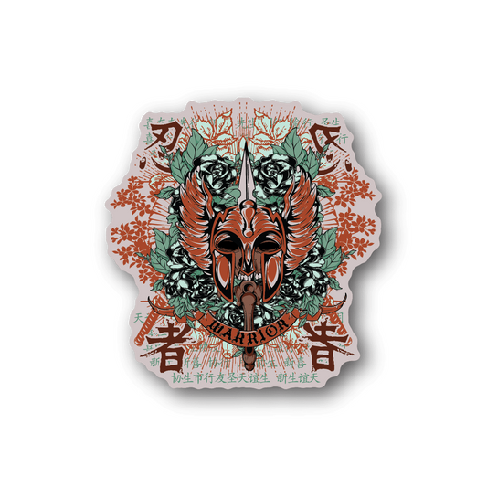 Warrior skull vinyl sticker with teal and orange floral warrior mask design