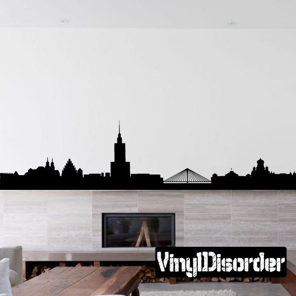 Warsaw skyline wall decal with iconic buildings in black silhouette