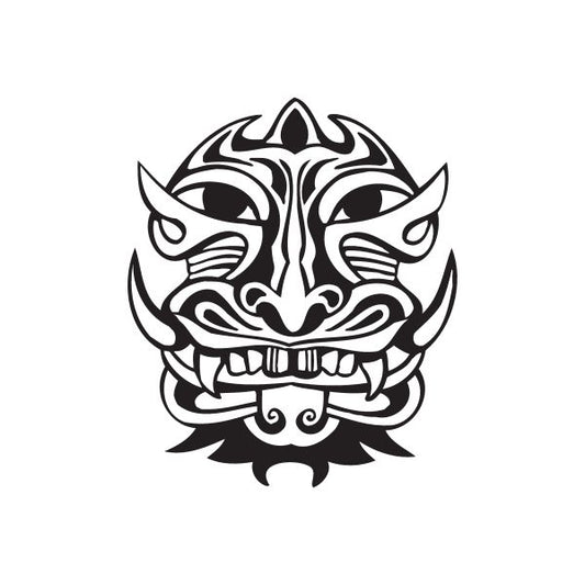 Warthog tiki decal, black and white stylized warthog face with flames and scroll