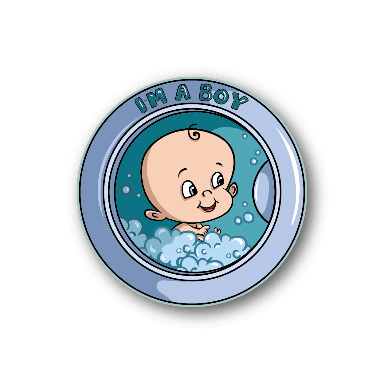 Baby boy washing machine vinyl sticker with smiling baby head in bubble tub