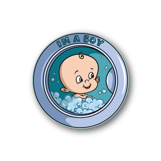 Baby boy washing machine vinyl sticker with smiling baby head in bubble tub