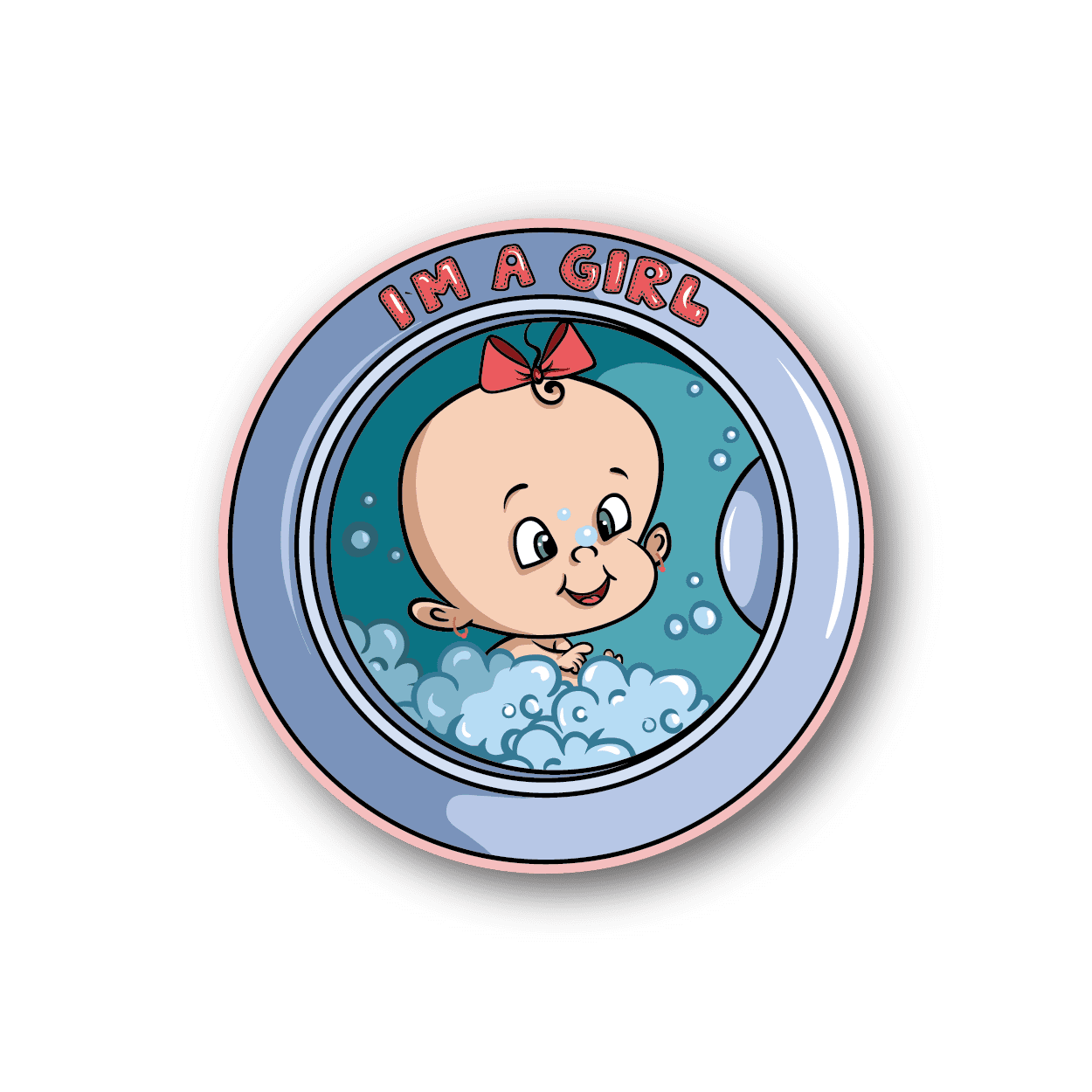 Baby girl washing-machine vinyl sticker, smiling face with bow and bubbles