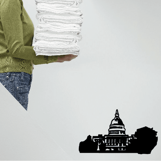 Olive green long-sleeve shirt with white layered cuffs and Capitol building graphic